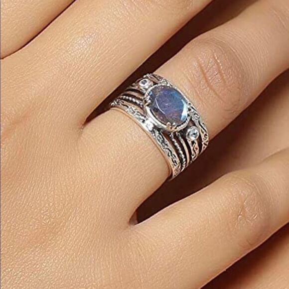 Vintage Natural Labradorite Swiss Blue Topaz 925 Sterling Silver Ring - Picture 4 of 9